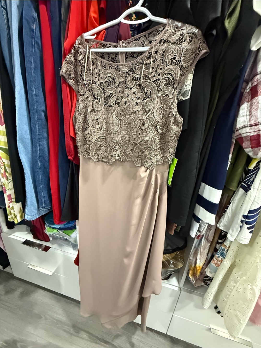 High-Low Lace Bodice Dress in Taupe